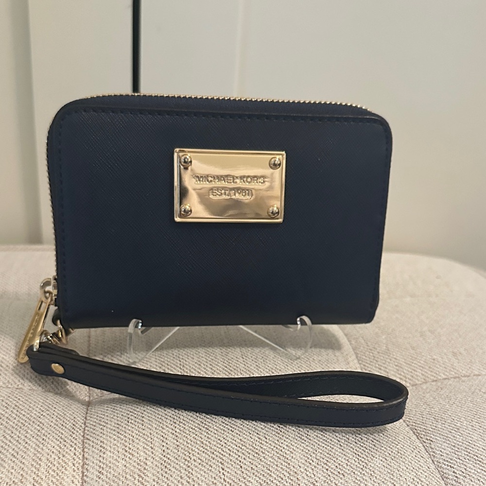 Michael Kors Navy Wristlet with Gold Accents